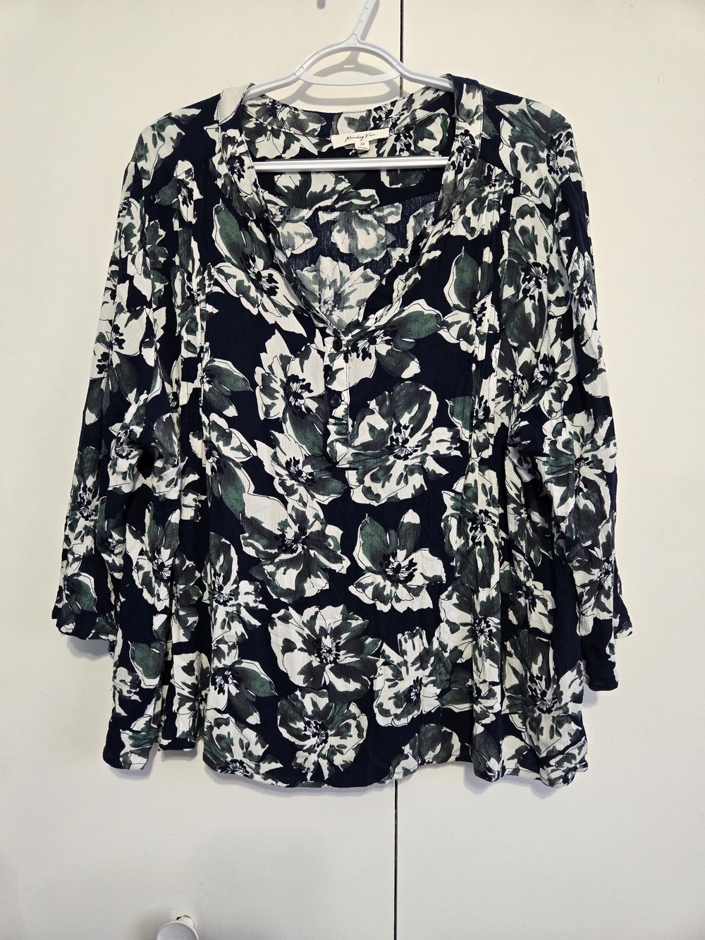 Boho Floral Blouse Womens 2X Black Green White Peasant Top Flowy Rayon 3/4 Sleev